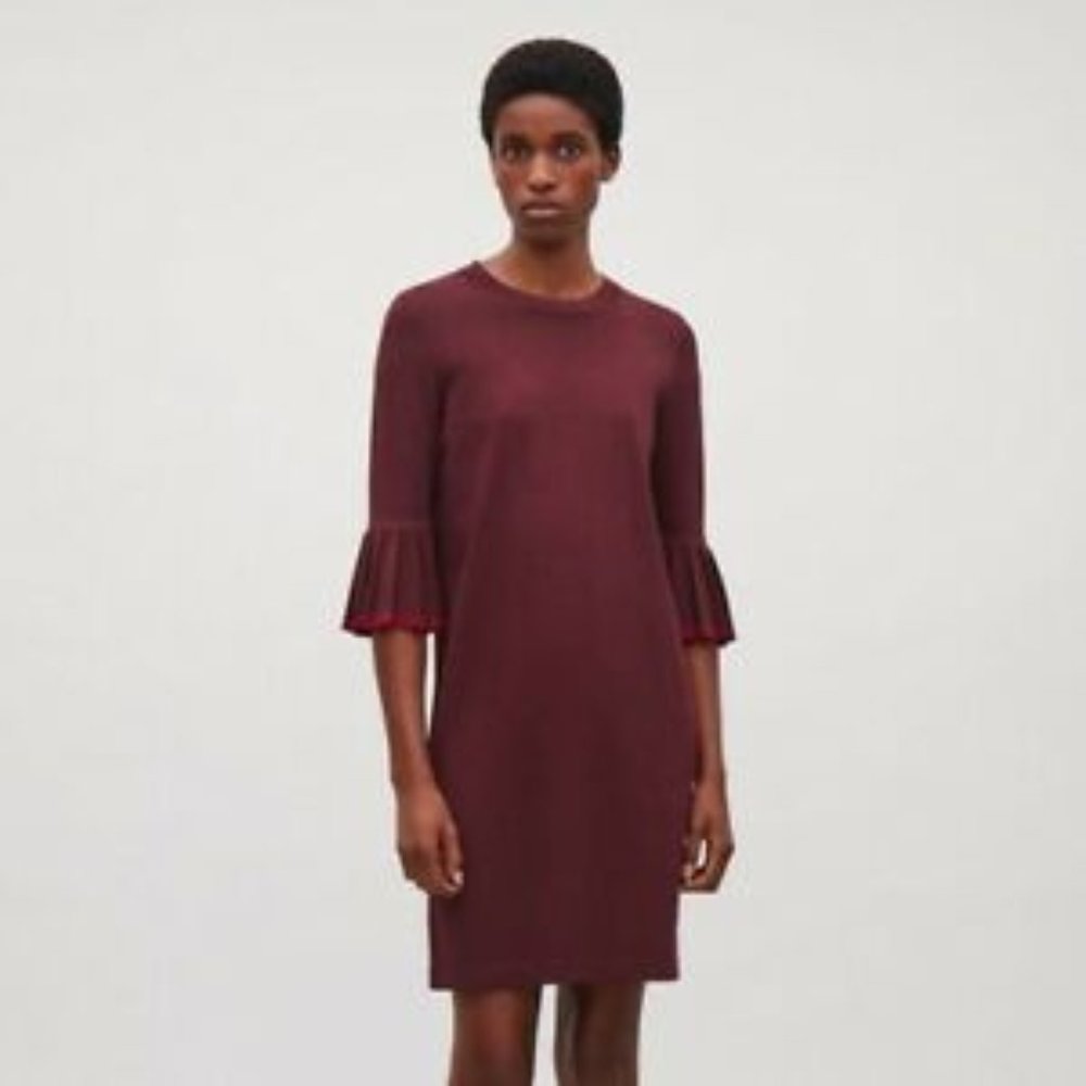 COS Burgundy Pleated Sleeve Dress